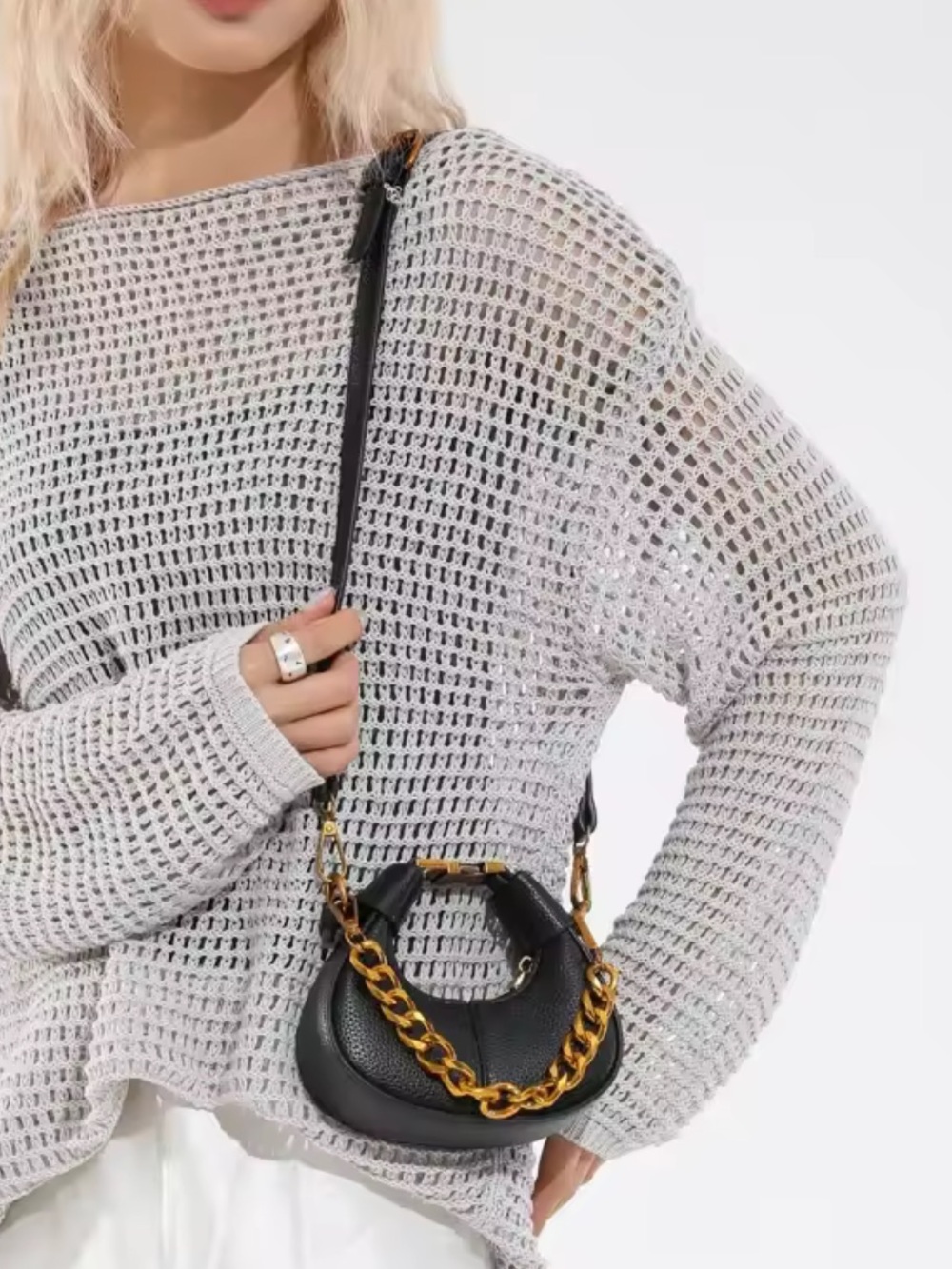 Kohl's Black Mini Crescent Bag with Gold Chain